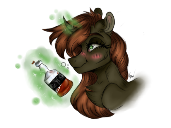 Size: 584x437 | Tagged: safe, artist:crow, derpibooru import, oc, oc:tarnish star, pony, unicorn, fallout equestria: falling stars, alcohol, blushing, brown fur, commissioner:tarnish, drink, drunk, female, glowing horn, green eyes, happy, horn, justice mare, lawbringer, levitation, magic, mare, solo, telekinesis, unicorn oc