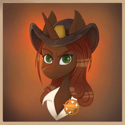 Size: 437x437 | Tagged: safe, derpibooru import, oc, oc:tarnish star, pony, unicorn, fallout equestria, fallout equestria: falling stars, badge, brown fur, commissioner:tarnish, female, green eyes, hat, horn, justice mare, lawbringer, mare, sheriff tarnish star, sheriff's badge, solo, unicorn oc