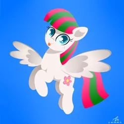 Size: 1200x1200 | Tagged: safe, artist:truffle shine, derpibooru import, blossomforth, pegasus, pony, :p, adoraforth, blue background, cute, female, flying, freckles, looking at you, mare, simple background, solo, spread wings, tongue out, wings