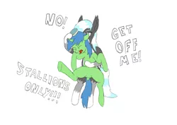 Size: 2615x1855 | Tagged: safe, artist:sufficient, derpibooru import, edit, oc, oc:quick fix, unofficial characters only, bat pony, pony, unicorn, angry, bat pony oc, bat wings, brush, brushing, bully, bullying, female, hairbrush, holding, holding a pony, kicking, male, markings, simple background, sitting, sitting on lap, squirming, text, trap, white background, wings