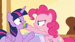 Size: 1600x900 | Tagged: alicorn, angry, bipedal, cakes for the memories, context is for the weak, derpibooru import, edit, edited screencap, hoof in mouth, pinkie pie, rainbow cupcake, safe, screencap, shoving, spoiler:cakes for the memories, spoiler:mlp friendship is forever, twilight sparkle, twilight sparkle (alicorn), watermark