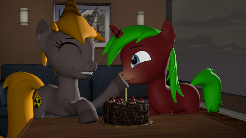 Size: 1920x1080 | Tagged: safe, artist:marianokun, derpibooru import, oc, oc:marianokun, oc:nuclear fusion, unofficial characters only, pony, unicorn, 3d, birthday, birthday cake, birthday hats, boop, cake, eyes closed, food, happy, portal (valve), source filmmaker, table, the cake is a lie