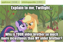 Size: 624x416 | Tagged: applebuck season, applejack, caption, derpibooru, derpibooru import, edit, edited screencap, image macro, implied applemac, implied big macintosh, implied incest, implied infidelity, implied shining armor, implied shiningsparkle, implied shipping, implied straight, meta, screencap, suggestive, tags, text, twilight sparkle