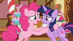 Size: 1600x900 | Tagged: safe, derpibooru import, screencap, pinkie pie, twilight sparkle, twilight sparkle (alicorn), alicorn, pony, cakes for the memories, spoiler:cakes for the memories, spoiler:mlp friendship is forever, bipedal, cake, food, happy, holding a pony, hoof on chest, smiling, sugarcube corner, watermark