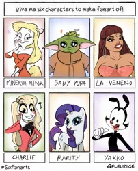 Size: 1110x1376 | Tagged: safe, artist:fleuriice, derpibooru import, rarity, anthro, human, pony, unicorn, six fanarts, anthro with ponies, baby yoda, charlie, clothes, crossover, eyelashes, female, hazbin hotel, mare, minerva mink, smiling, star wars, the mandalorian, warner brothers, yakko warner