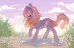 Size: 2383x1536 | Tagged: safe, artist:whiteliar, derpibooru import, oc, oc:golden glory, unofficial characters only, earth pony, pony, puddle, smiling, solo, splashing