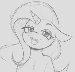 Size: 770x744 | Tagged: safe, artist:tre, derpibooru import, trixie, semi-anthro, unicorn, bedroom eyes, blushing, bust, dreamworks face, eyeshadow, female, floppy ears, gray background, grayscale, head tilt, human shoulders, looking at you, makeup, mare, monochrome, open mouth, simple background, sketch, smiling, solo, stray strand