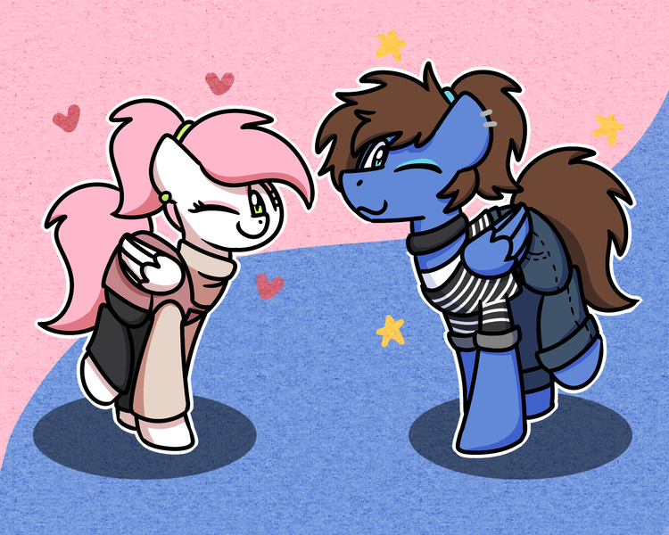 Size: 2560x2048 | Tagged: safe, artist:sugar morning, derpibooru import, oc, oc:bizarre song, oc:sugar morning, unofficial characters only, pegasus, clothes, couple, crossdressing, cute, female, heart, male, mare, oc x oc, ocbetes, shipping, simple background, stallion, stars, straight, sugarre