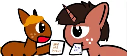 Size: 691x305 | Tagged: safe, artist:artdbait, derpibooru import, oc, oc:lil-k, unofficial characters only, unicorn, brown fur, brown hair, excited, freckles, horn, orange hair, paper, request, unamused, writing