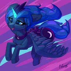 Size: 1300x1300 | Tagged: safe, artist:sinnah, derpibooru import, princess luna, alicorn, pony, cute, female, flying, glowing horn, horn, lunabetes, mare, open mouth, solo, spread wings, wings