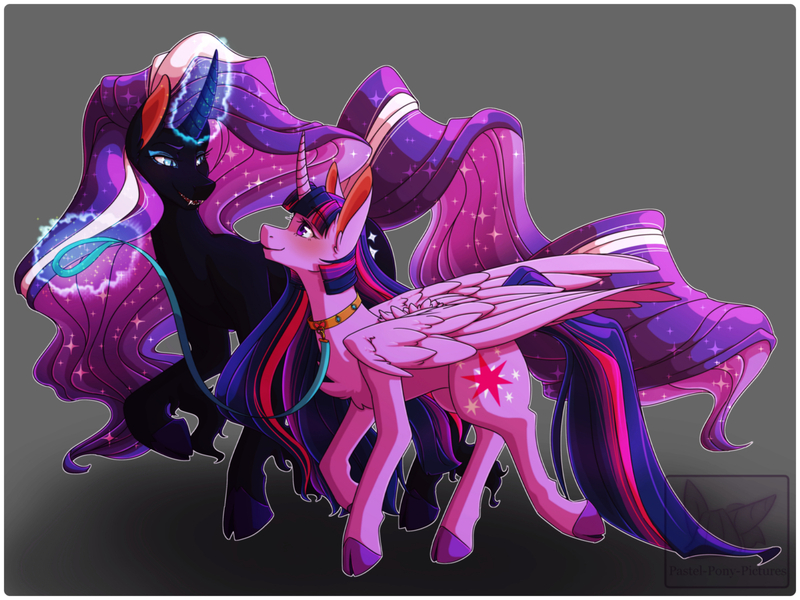 Size: 1200x900 | Tagged: suggestive, alternate version, artist:pastel-pony-pictures, deleted from derpibooru, derpibooru import, nightmare rarity, rarity, twilight sparkle, twilight sparkle (alicorn), alicorn, pony, unicorn, chest fluff, cloven hooves, collar, female, femdom, femsub, glowing horn, horn, leash, lesbian, magic, magic aura, mare, nightmare rarilight, rarilight, shipping, submissive, telekinesis, twisub