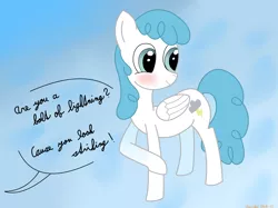 Size: 4032x3016 | Tagged: safe, artist:rainbowšpekgs, derpibooru import, lightning bolt, white lightning, pegasus, pony, cute, female, pick up line, pun, simple background, smiling, solo, speech bubble, standing, wings