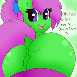 Size: 3000x3000 | Tagged: suggestive, artist:pegamutt, derpibooru import, oc, oc:zippy sparkz, unofficial characters only, pegasus, pony, blue eyes, bow, clothes, dialogue, featureless crotch, green background, green fur, hair bow, heart, hidden wings, pegasus oc, pink hair, ponytail, simple background, smiling, smiling at you, socks, wings