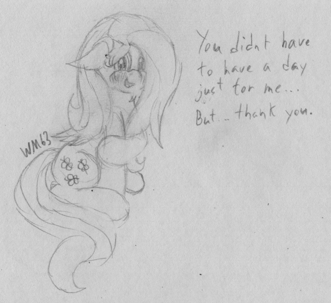 Size: 2255x2063 | Tagged: safe, artist:wapamario63, derpibooru import, fluttershy, pegasus, pony, blushing, cute, dialogue, female, fluttershy day, mare, monochrome, pencil drawing, shyabetes, sitting, solo, traditional art