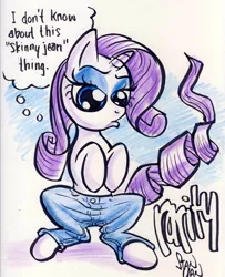 Size: 2540x3131 | Tagged: safe, artist:sketchywolf-13, derpibooru import, rarity, pony, unicorn, clothes, commission, female, horn, jeans, mare, pants, solo, speech bubble, tail, text, traditional art