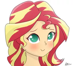 Size: 2048x1833 | Tagged: safe, artist:marshmallow-sugar, derpibooru import, sunset shimmer, human, equestria girls, blushing, bust, colored pupils, cute, female, humanized, portrait, shimmerbetes, simple background, smiling, solo, white background