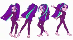 Size: 2300x1282 | Tagged: safe, artist:rileyav, derpibooru import, aria blaze, equestria girls, ariabetes, barefoot, bodysuit, cute, dancing, eyes closed, feet, female, happy, pigtails, simple background, smiling, solo, spinning, twintails, white background