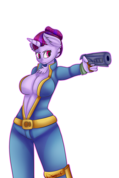 Size: 1000x1500 | Tagged: suggestive, artist:dragon cartoonist, derpibooru import, oc, oc:gin rummy, unofficial characters only, anthro, unicorn, fallout equestria, fallout equestria: project horizons, breasts, clothes, fallout, fanfic art, gun, handgun, pistol, simple background, solo, transparent background, vault suit, weapon