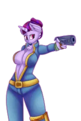 Size: 1000x1500 | Tagged: suggestive, artist:dragon cartoonist, derpibooru import, oc, oc:gin rummy, unofficial characters only, anthro, unicorn, fallout equestria, fallout equestria: project horizons, breasts, clothes, fallout, fanfic art, gun, handgun, pistol, simple background, solo, transparent background, vault suit, weapon