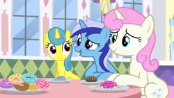 Size: 1920x1080 | Tagged: safe, derpibooru import, screencap, lemon hearts, minuette, twinkleshine, pony, unicorn, amending fences, donut, female, food, mare, trio