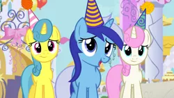 Size: 1920x1080 | Tagged: safe, derpibooru import, screencap, lemon hearts, minuette, twinkleshine, pony, unicorn, amending fences, female, hat, mare, party hat, trio