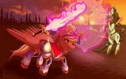 Size: 1280x800 | Tagged: safe, artist:milkydreams, derpibooru import, oc, oc:rainbow breaker, alicorn, kirin, pony, alicorn oc, armor, commission, digital art, fantasy class, female, fight, fire, glowing horn, horn, kirin oc, magic, mare, shield, sunset, sword, tail, warrior, weapon, wings