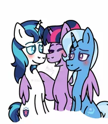 Size: 1280x1460 | Tagged: safe, artist:malupokebr, derpibooru import, shining armor, trixie, twilight sparkle, twilight sparkle (alicorn), alicorn, pony, unicorn, blushing, brother and sister, deviantart watermark, eyes closed, female, headcanon, hug, male, mare, obtrusive watermark, siblings, sisters, smiling, stallion, watermark, winghug