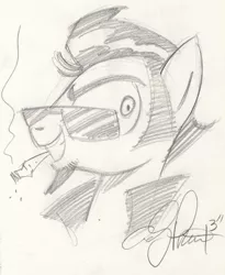 Size: 1024x1249 | Tagged: safe, artist:sketchywolf-13, derpibooru import, oc, oc:sketchy, unofficial characters only, earth pony, pony, cigarette, clothes, gift art, looking at you, male, monochrome, simple background, smoke, solo, stallion, sunglasses, traditional art, white background