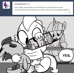 Size: 896x891 | Tagged: safe, artist:mamatwilightsparkle, derpibooru import, smarty pants, spike, twilight sparkle, pony, unicorn, baby, baby spike, bottle, comic, diaper, mama twilight, mama twilight sparkle, monochrome, tumblr, unicorn twilight, younger