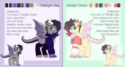 Size: 5000x2700 | Tagged: safe, artist:liefsong, derpibooru import, dracony, dragon, hybrid, pony, claws, clothes, ear piercing, earring, female, hoodie, jewelry, piercing, reference sheet, siblings, sisters, twins, wingding eyes