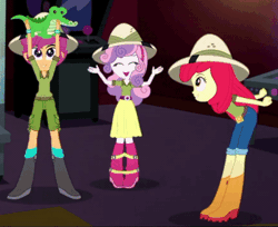 Size: 850x692 | Tagged: safe, derpibooru import, screencap, apple bloom, gummy, scootaloo, sweetie belle, eqg summertime shorts, equestria girls, the canterlot movie club, animated, arcade game, belt, boots, clothes, cropped, cutie mark crusaders, gif, happy, hat, jeans, jumping, lifting, pants, plushie, shoes, shorts, skirt, smiling