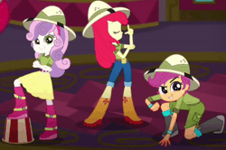 Size: 1000x665 | Tagged: safe, derpibooru import, screencap, apple bloom, scootaloo, sweetie belle, eqg summertime shorts, equestria girls, the canterlot movie club, animated, boots, clothes, cropped, cutie mark crusaders, gif, hat, jeans, pants, shirt, shoes, shorts, skirt