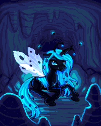 Size: 800x1000 | Tagged: animated, artist:hikkage, blinking, blue changeling, cave, changeling, changeling oc, changeling queen, changeling queen oc, commission, derpibooru import, female, firefly (insect), glow, glowing mane, insect, looking at you, oc, oc:queen fylifa, prone, safe, solo, ych result
