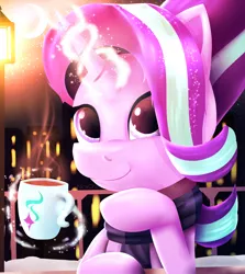 Size: 2560x2866 | Tagged: safe, artist:nicxchy, derpibooru import, starlight glimmer, pony, unicorn, chocolate, clothes, female, food, high res, hot chocolate, magic, mare, pleasant, scarf, solo, telekinesis