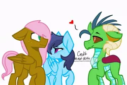 Size: 1024x686 | Tagged: safe, artist:im-not-skittles, artist:scorpionthehybrid, derpibooru import, oc, unofficial characters only, dragonling, hybrid, pegasus, pony, base used, freckles, heart, horns, interspecies offspring, looking at each other, offspring, parent:big macintosh, parent:fluttershy, parent:princess ember, parent:rainbow dash, parent:soarin', parent:thorax, parents:embrax, parents:fluttermac, parents:soarindash, simple background, white background