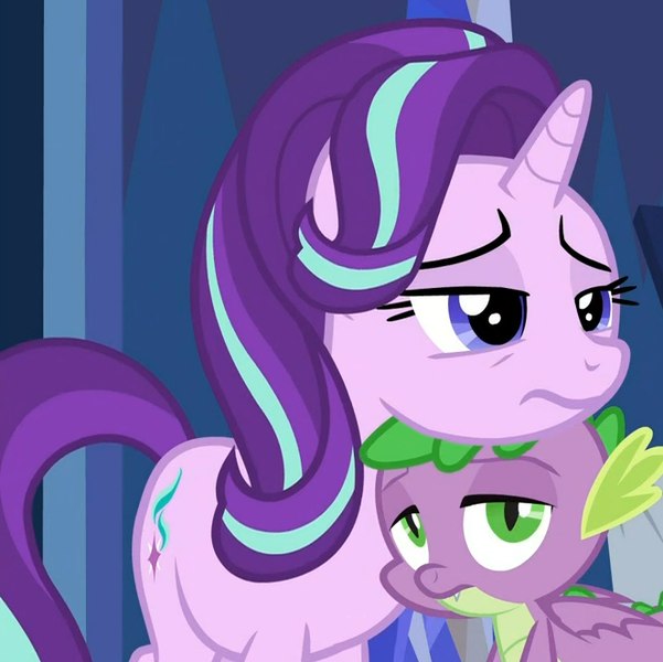 Size: 663x662 | Tagged: safe, derpibooru import, screencap, spike, starlight glimmer, dragon, pony, unicorn, cakes for the memories, spoiler:cakes for the memories, spoiler:mlp friendship is forever, cropped, cute, daaaaaaaaaaaw, female, glimmerbetes, hnnng, male, mare, sleepy, spikabetes, tired, twilight's castle, winged spike