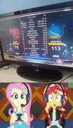 Size: 293x511 | Tagged: safe, derpibooru import, edit, screencap, fluttershy, sunset shimmer, equestria girls, equestria girls series, game stream, spoiler:eqg series (season 2), basketball, controller, headset, nba, nba 2k14, shocked, sports