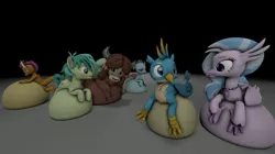 Size: 1910x1072 | Tagged: artist needed, source needed, suggestive, derpibooru import, gallus, ocellus, sandbar, silverstream, smolder, yona, changedling, changeling, classical hippogriff, dragon, earth pony, gryphon, hippogriff, yak, 3d, belly, belly bed, big belly, female, gallstream, happy, huge belly, impossibly large belly, male, relaxed, shipping, source filmmaker, straight, void, yonabar