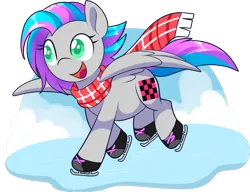Size: 1020x784 | Tagged: safe, artist:xwhitedreamsx, derpibooru import, oc, oc:vapourwave, unofficial characters only, pegasus, pony, clothes, ice skating, scarf, simple background, solo, transparent background