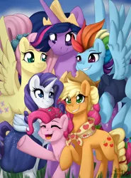Size: 2000x2700 | Tagged: safe, artist:dreamy, artist:littledreamycat, derpibooru import, applejack, fluttershy, pinkie pie, princess twilight 2.0, rainbow dash, rarity, twilight sparkle, twilight sparkle (alicorn), alicorn, earth pony, pegasus, pony, unicorn, the last problem, cape, chest fluff, clothes, cowboy hat, cute, end of ponies, female, future, group, group picture, group shot, hat, high res, mane six, mare, older, older applejack, older fluttershy, older mane six, older pinkie pie, older rainbow dash, older rarity, older twilight, poster, print, scarf