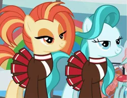 Size: 807x627 | Tagged: safe, derpibooru import, screencap, lighthoof, ocellus, shimmy shake, earth pony, pony, 2 4 6 greaaat, bedroom eyes, cheerleader outfit, clothes, cropped, female, mare