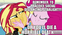 Size: 1920x1080 | Tagged: safe, derpibooru import, edit, edited screencap, editor:useraccount, screencap, pinkie pie, sunset shimmer, equestria girls, mirror magic, spoiler:eqg specials, caption, coronavirus, covid-19, covidiots, excessive exclamation marks, hypocritical humor, image macro, public service announcement, social distancing, squishy cheeks, text, this will end in death, wrong name