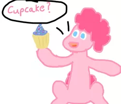 Size: 768x659 | Tagged: artist needed, cupcake, derpibooru import, food, images that precede unfortunate events, imminent abuse, pinkie pie, safe, shitposting, simple background, stylistic suck, this will end in pain, wat, white background