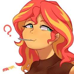 Size: 2800x2800 | Tagged: safe, artist:maren, derpibooru import, sunset shimmer, equestria girls, bust, cute, female, high res, mouth hold, portrait, question mark, shimmerbetes, simple background, solo, white background