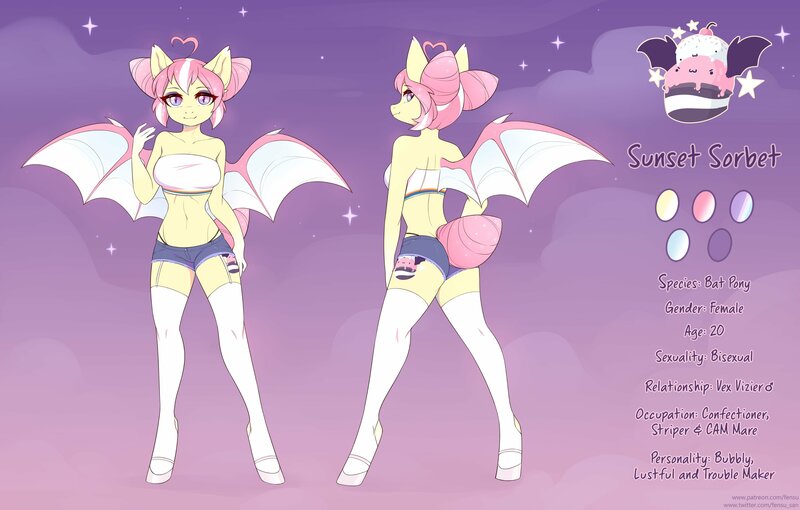 Size: 4096x2610 | Tagged: suggestive, artist:fensu-san, derpibooru import, oc, oc:sunset sorbet, unofficial characters only, anthro, bat pony, breasts, clothes, hot pants, panties, reference sheet, short pants, socks, solo, thong, tube top, underwear