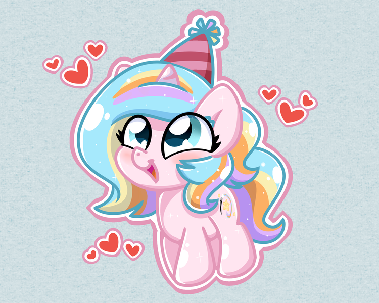 Size: 2560x2048 | Tagged: safe, artist:sugar morning, derpibooru import, oc, oc:oofy colorful, unofficial characters only, pony, unicorn, birthday, chibi, cute, happy, happy birthday, hat, heart, ocbetes, party hat, simple background, standing