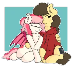 Size: 1821x1613 | Tagged: safe, artist:retro_hearts, derpibooru import, oc, oc:blood moon, oc:retro hearts, unofficial characters only, bat pony, pegasus, pony, bat pony oc, bat wings, chest fluff, clothes, cuddling, cute, eyes closed, female, hoodie, mare, oc x oc, shipping, simple background, transparent background, wings