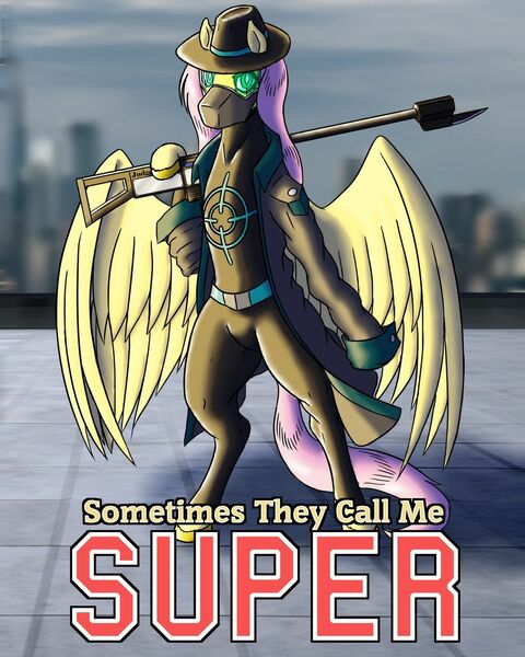 Size: 1024x1280 | Tagged: safe, artist:korencz11, derpibooru import, fluttershy, pegasus, pony, fanfic, fanfic:sometimes they call me super, clothes, coat, fanfic art, fanfic cover, gun, hat, mask, rifle, solo, super suit, superhero, weapon