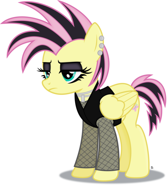 Size: 2487x2744 | Tagged: alternate hairstyle, artist:anime-equestria, clothes, derpibooru import, ear piercing, eyeshadow, fishnets, fluttergoth, fluttershy, frown, goth, jewelry, long sleeves, makeup, necklace, pegasus, piercing, safe, simple background, transparent background, vector, vest, wings