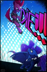 Size: 1416x2160 | Tagged: safe, artist:adagiostring, artist:shido-tara, derpibooru import, princess luna, tempest shadow, alicorn, unicorn, action, action pose, attack, broken horn, canon, collaboration, comic style, female, fight, glowing horn, horn, looking up, meme, rage face, spell